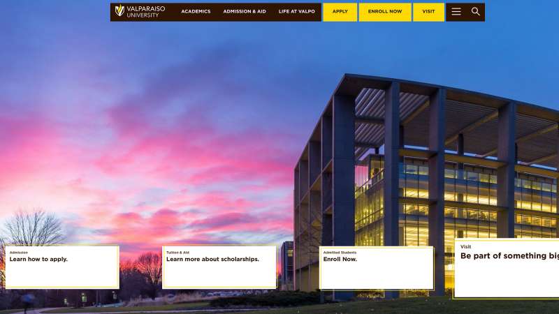 Screenshot of the valpo dot edu website, showing the home page.