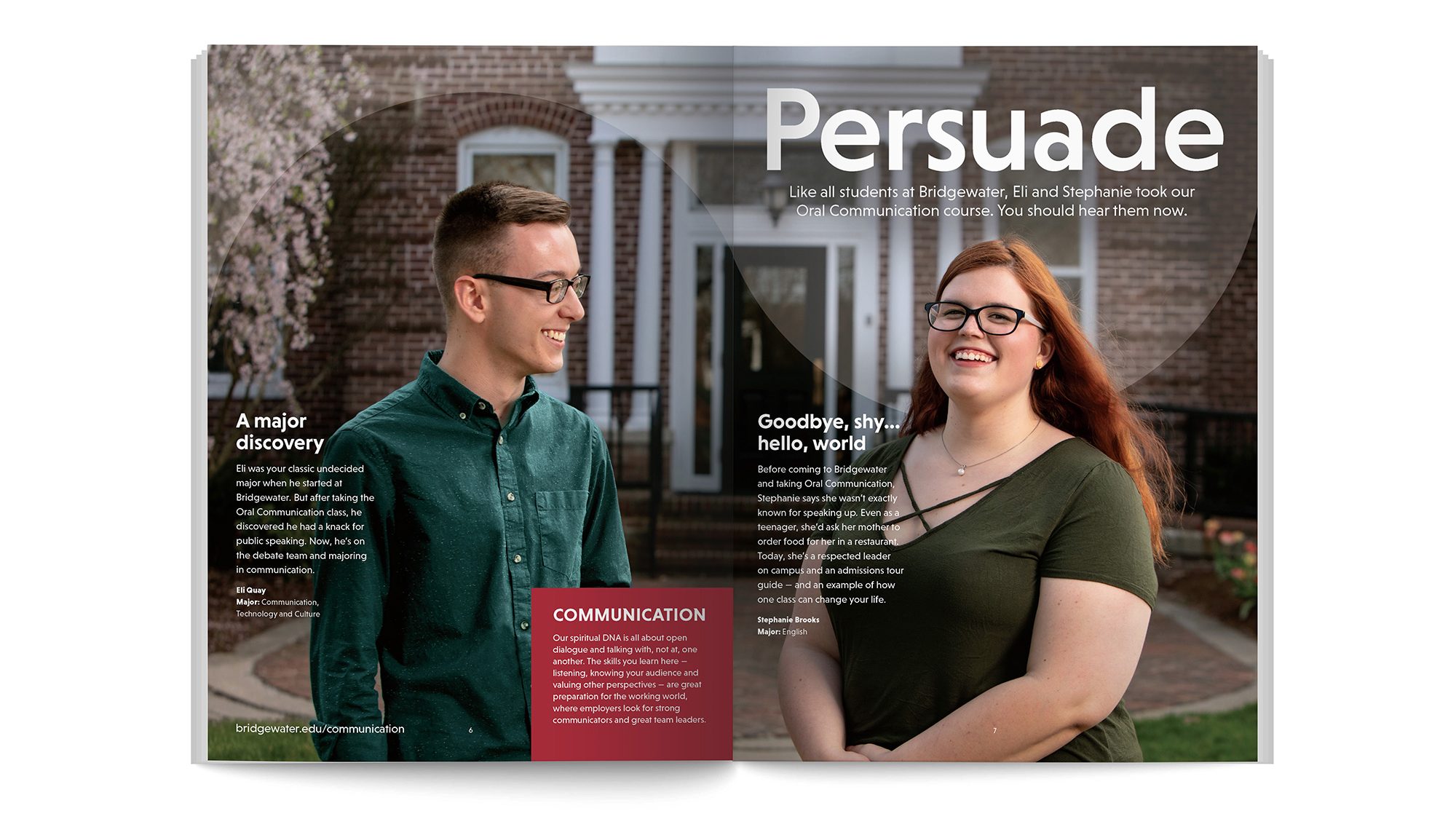 Brochure spread showing two students. Headline: Persuade.