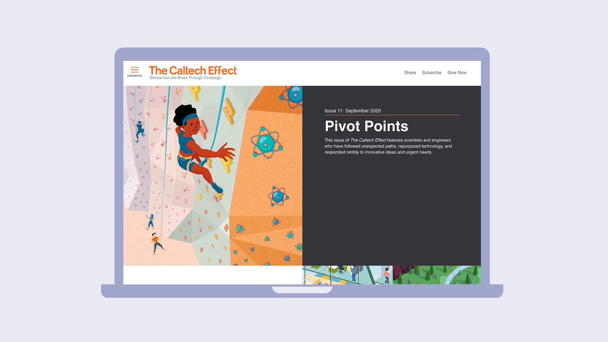 Website screenshot. Colorful illustration of someone wall climbing.