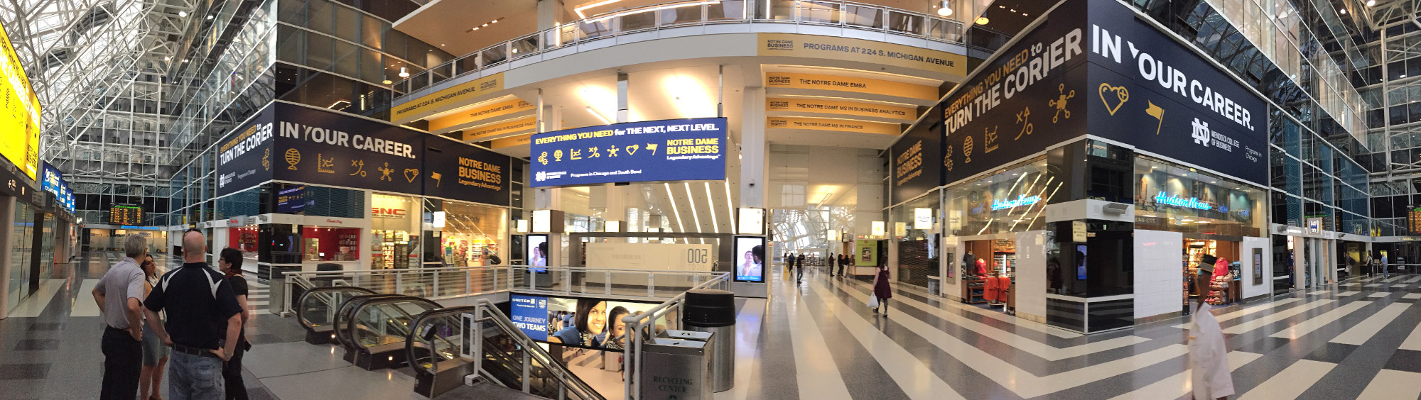 Panorama of Train station take-over. Creative with icon graphics. Turn the corner in your career.