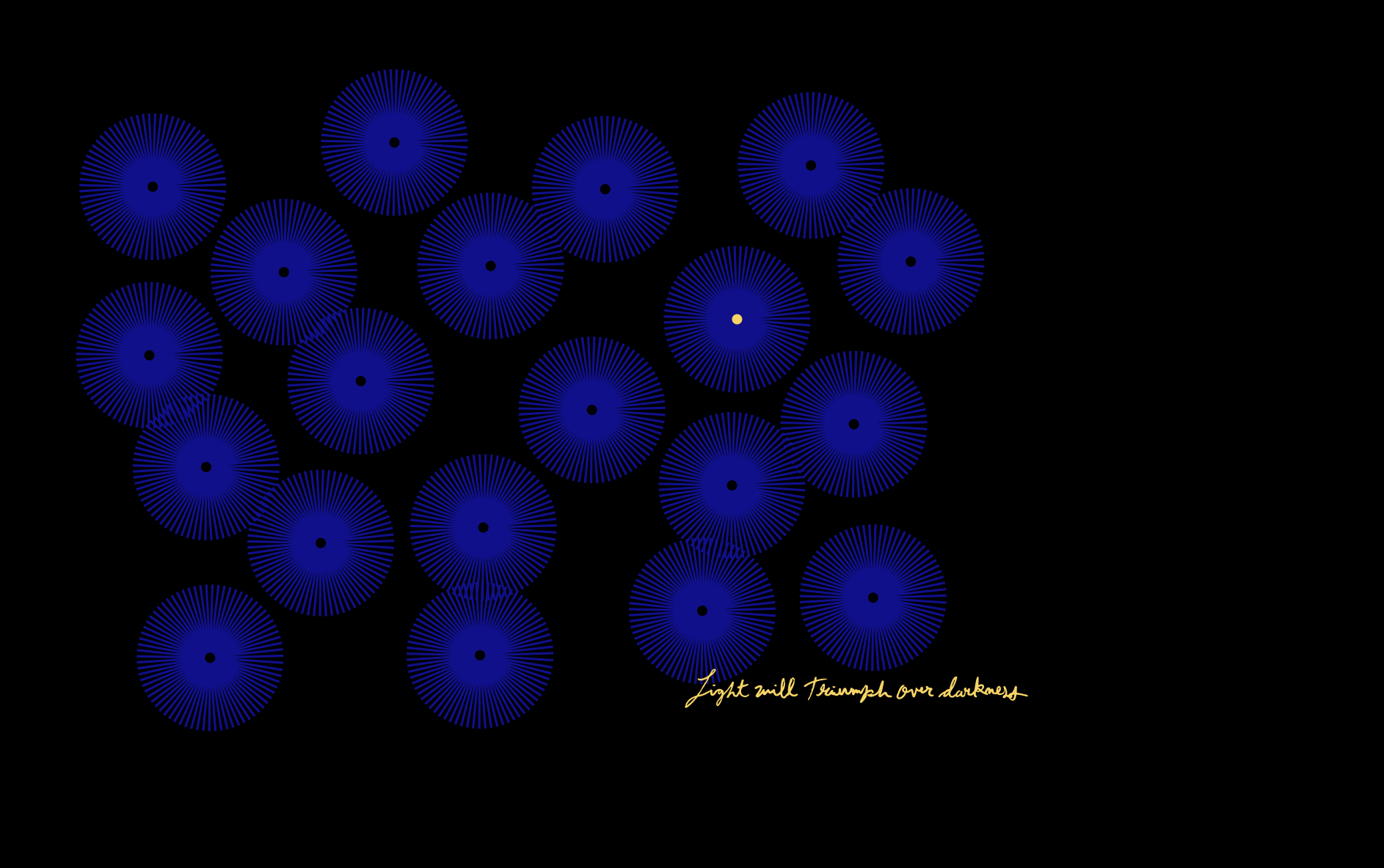 Graphic of blue circles over black background with "light will triumph over darkness"