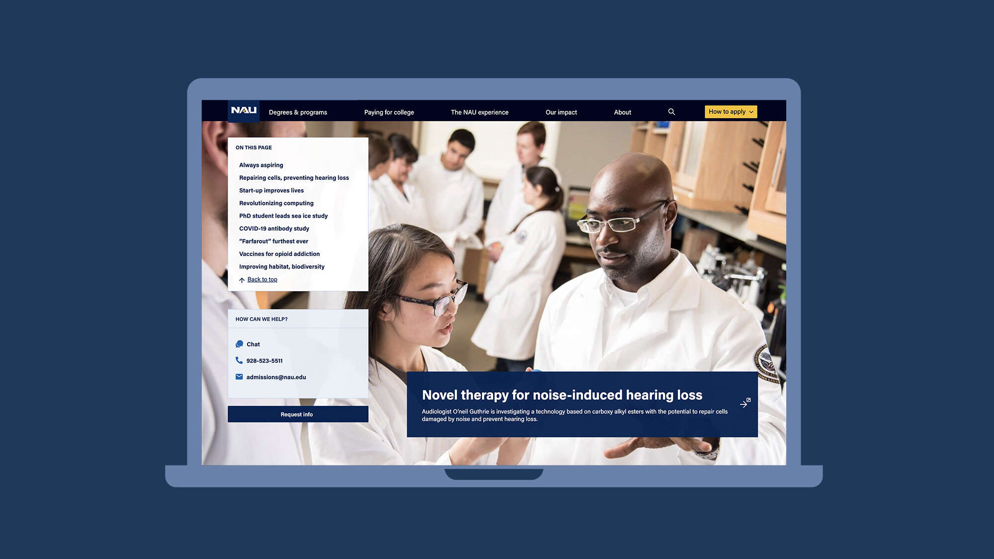 NAU webpage in laptop: Novel therapy for noise-induced hearing loss